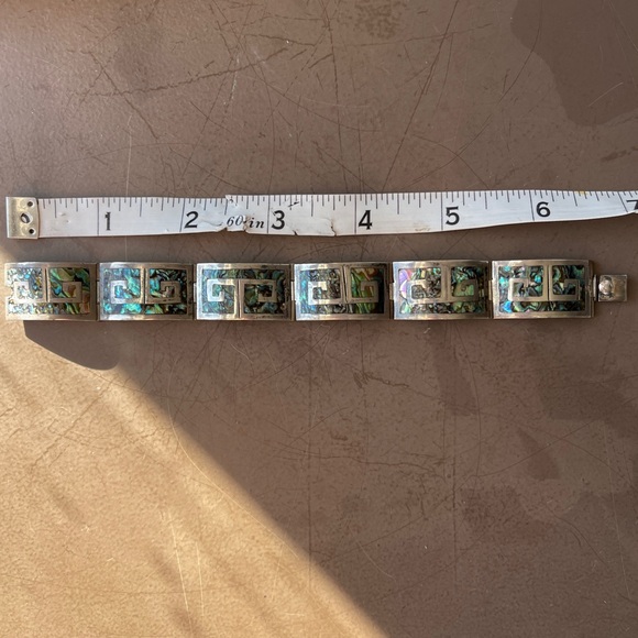 Vintage Sterling Silver Mexican Abalone Station Bracelet Greek Key Design - Picture 6 of 11